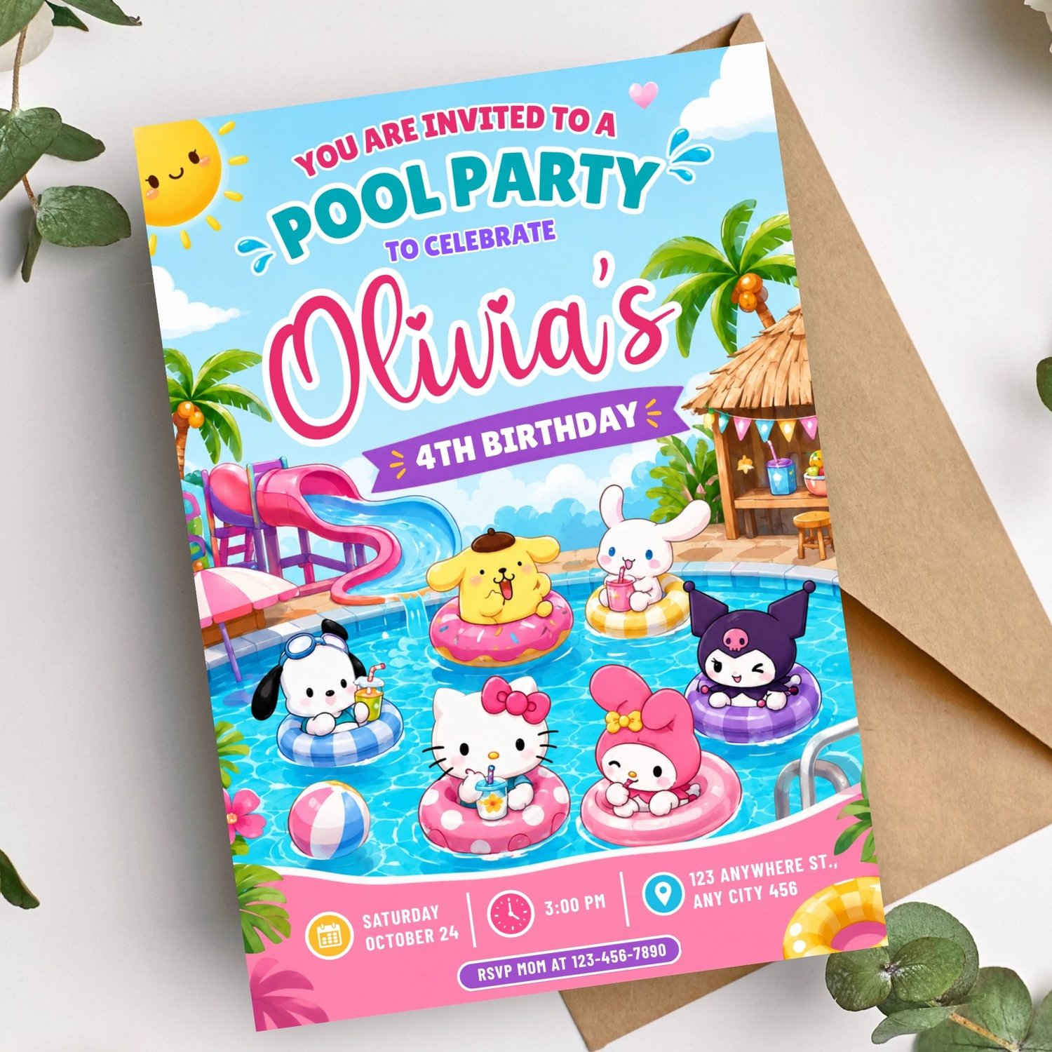 Editable Hello Kitty birthday invitation Canva template