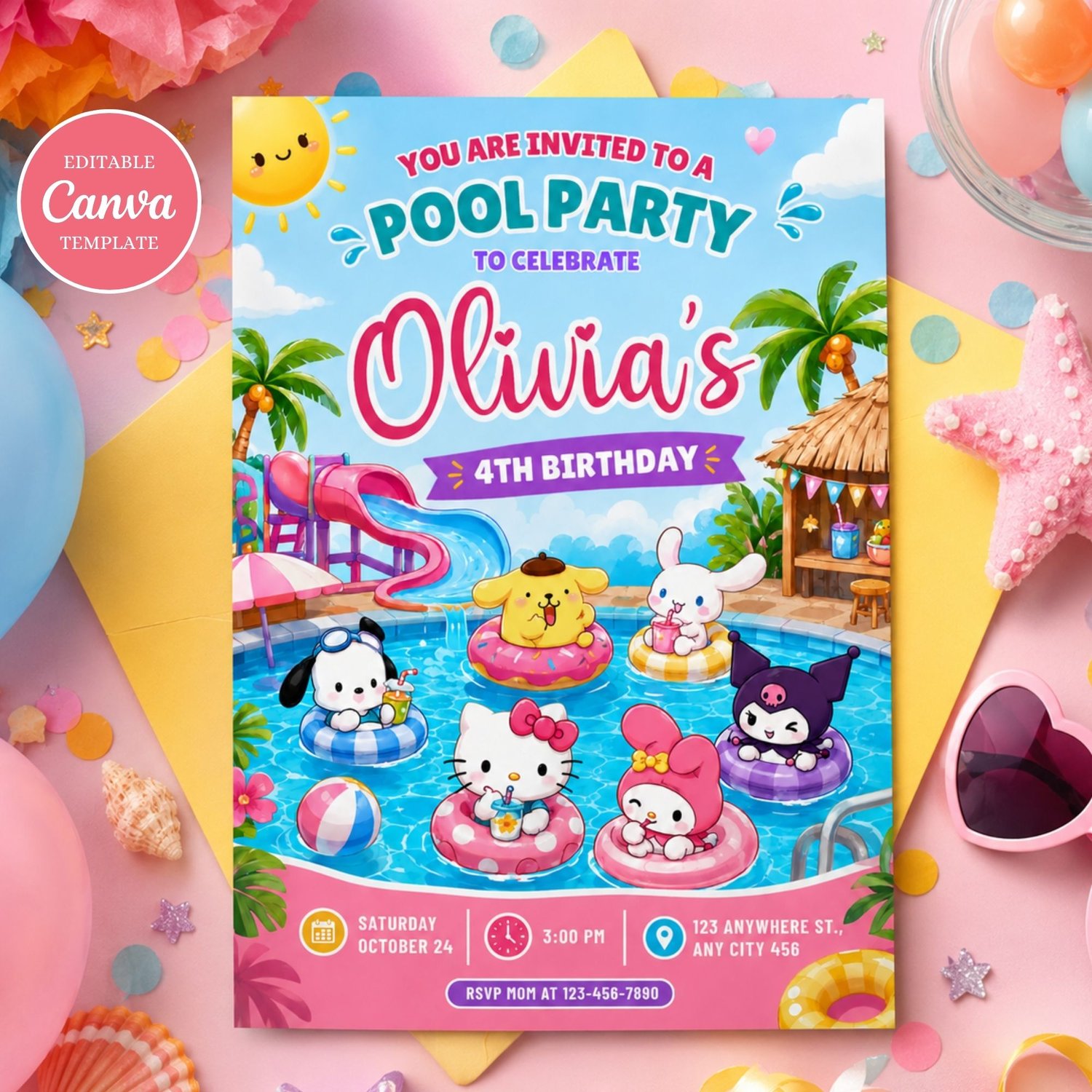 Hello Kitty pool party invitation editable Canva template