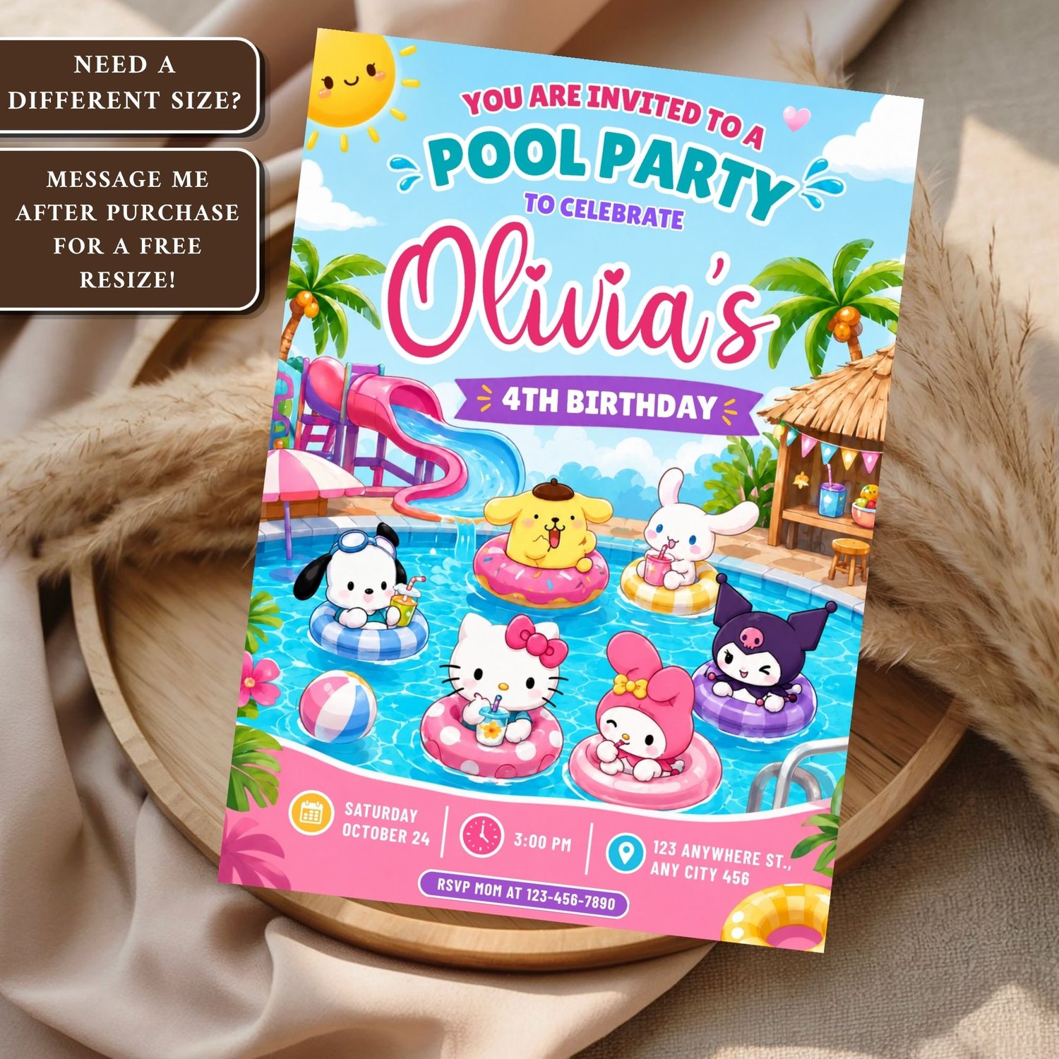 Hello Kitty pool party birthday invite template