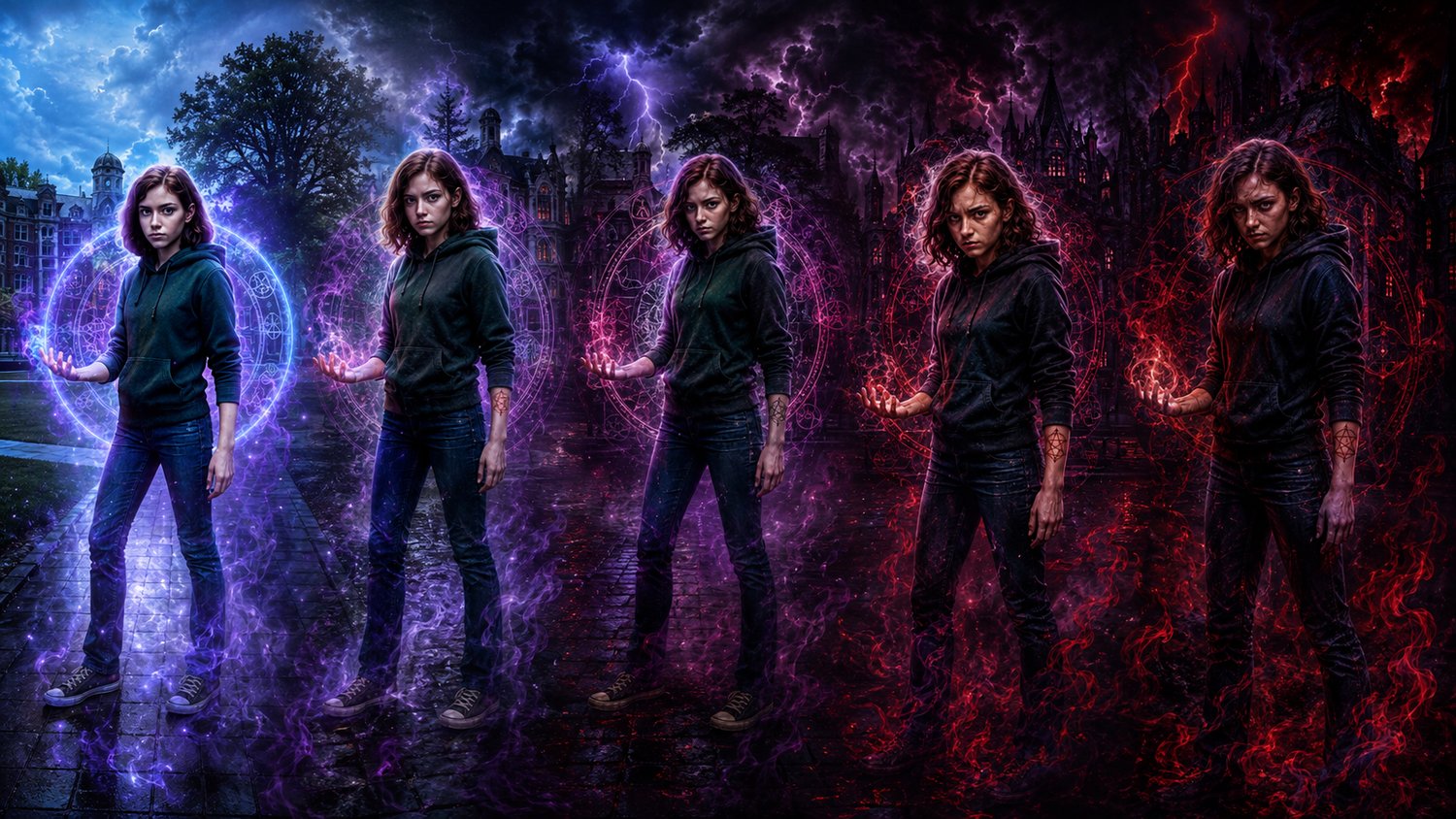 Wide cinematic fantasy banner showing five versions of Yote Diamondback aging from 14 to 18 across the Arcane series. On the far left, the youngest Yote stands in a lighter academy setting with blue-purple magic around her. Each version grows darker and m