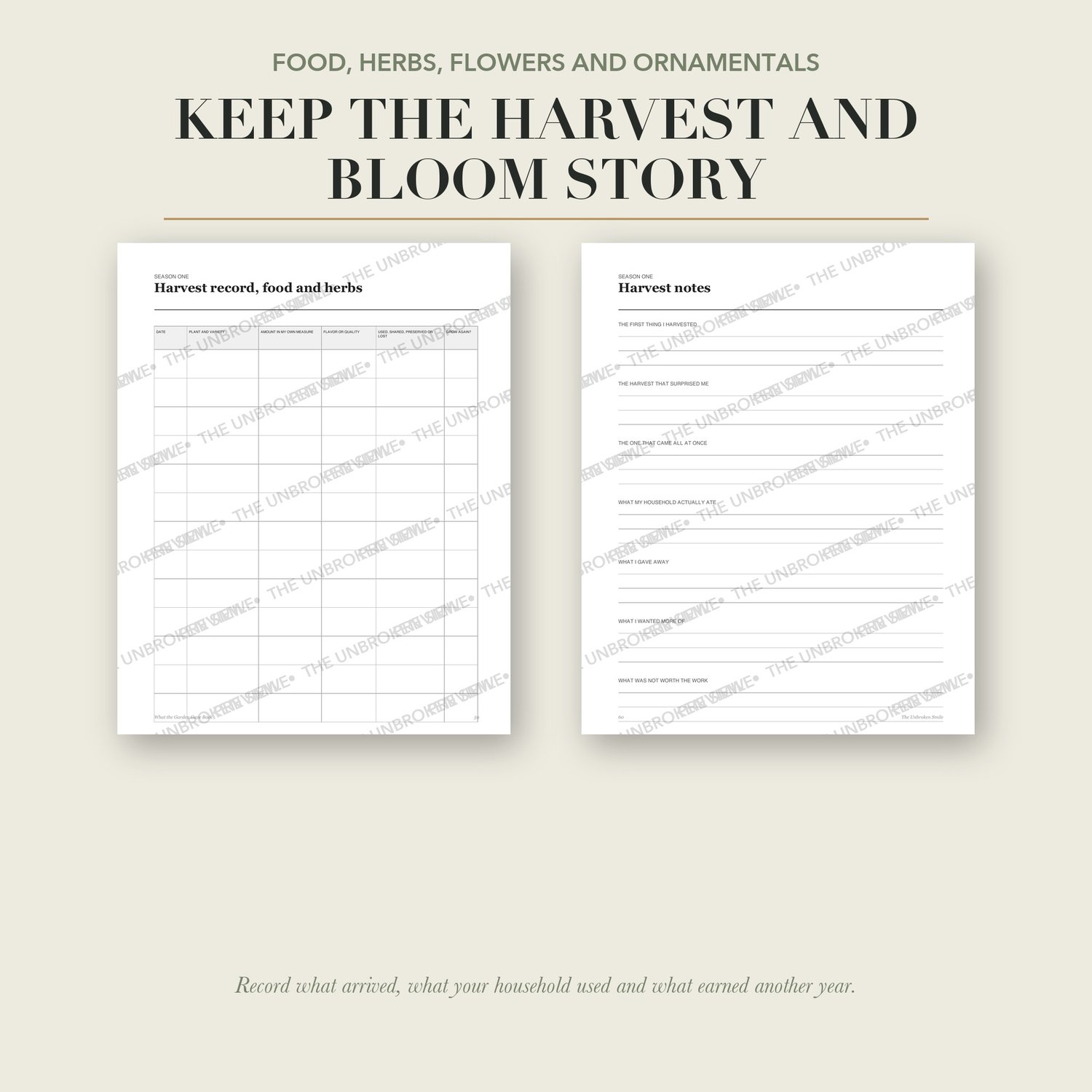 Watermarked harvest and bloom record pages for amounts, quality, use, and next-season decisions.