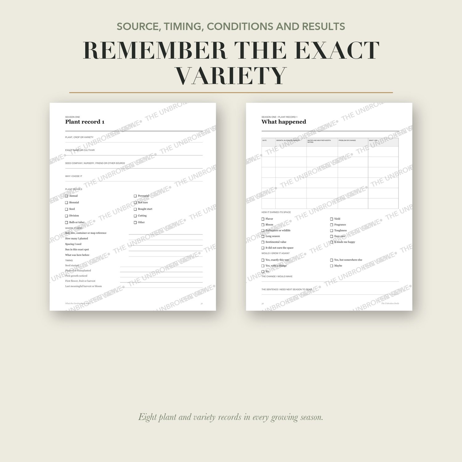 Watermarked plant and variety record pages for source, location, timing, observations, and grow-again decisions.
