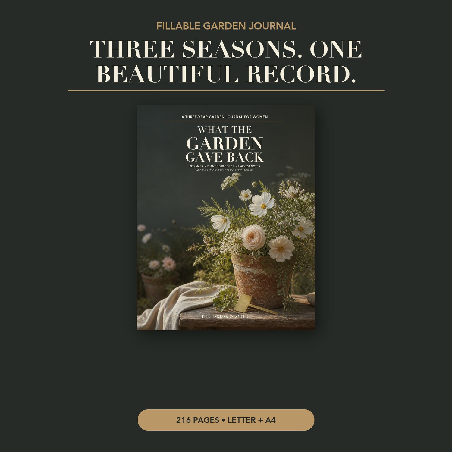 Cover of What the Garden Gave Back, a three-year fillable garden journal, shown against a dark green background.