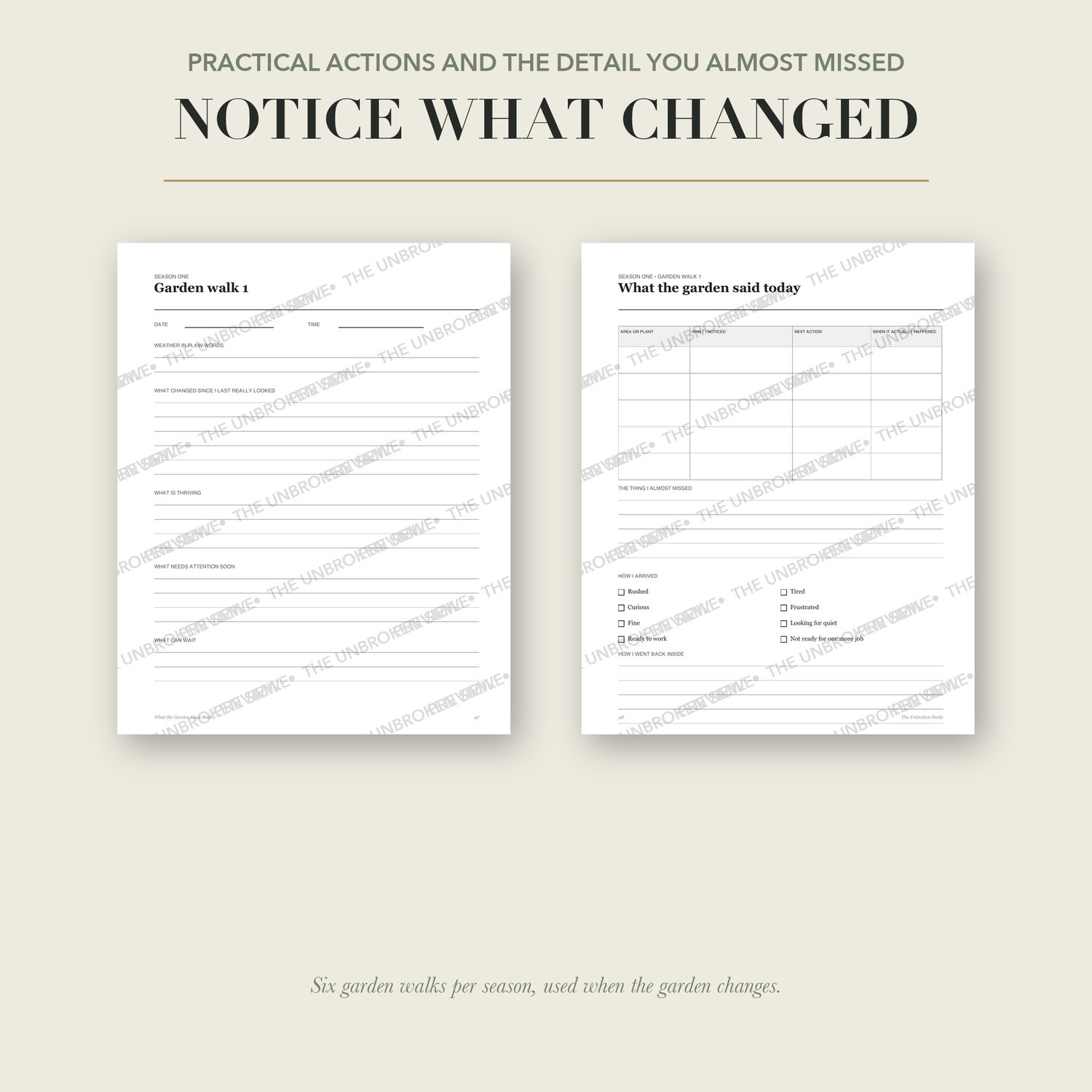 Watermarked garden walk pages for weather, changes, practical actions, and reflections.