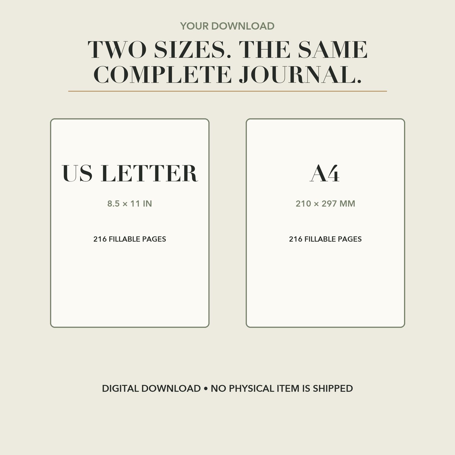 US Letter and A4 PDF formats, each containing the same 216-page fillable garden journal.