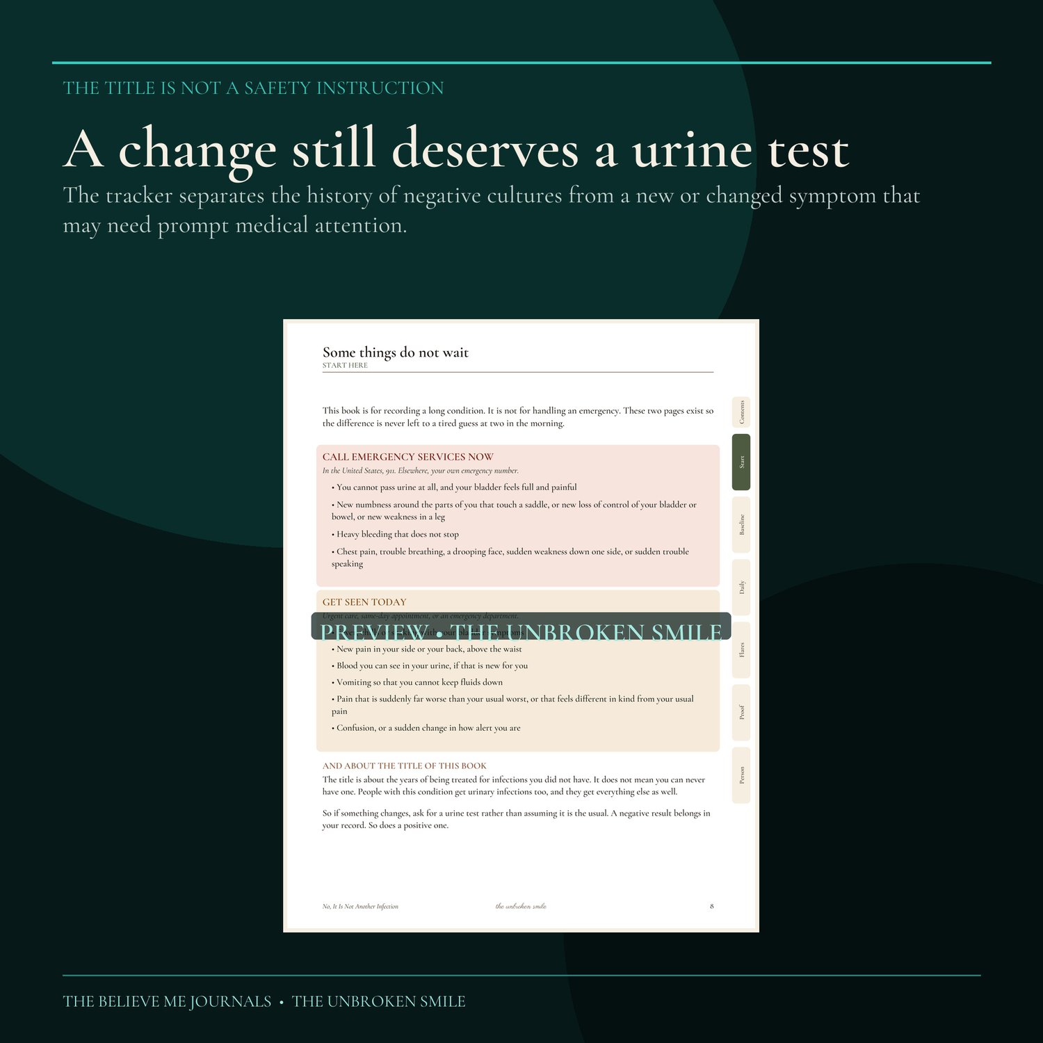 Preview of the urgent-symptom safety page explaining that changed symptoms can still require a urine test and medical attention.
