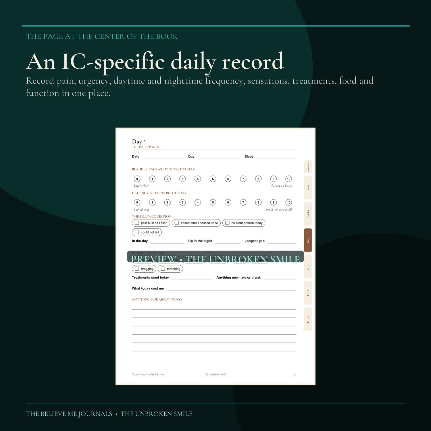 Preview of an IC-specific daily page with pain, urgency, frequency, filling pattern, sensation, treatment, food and function fields.