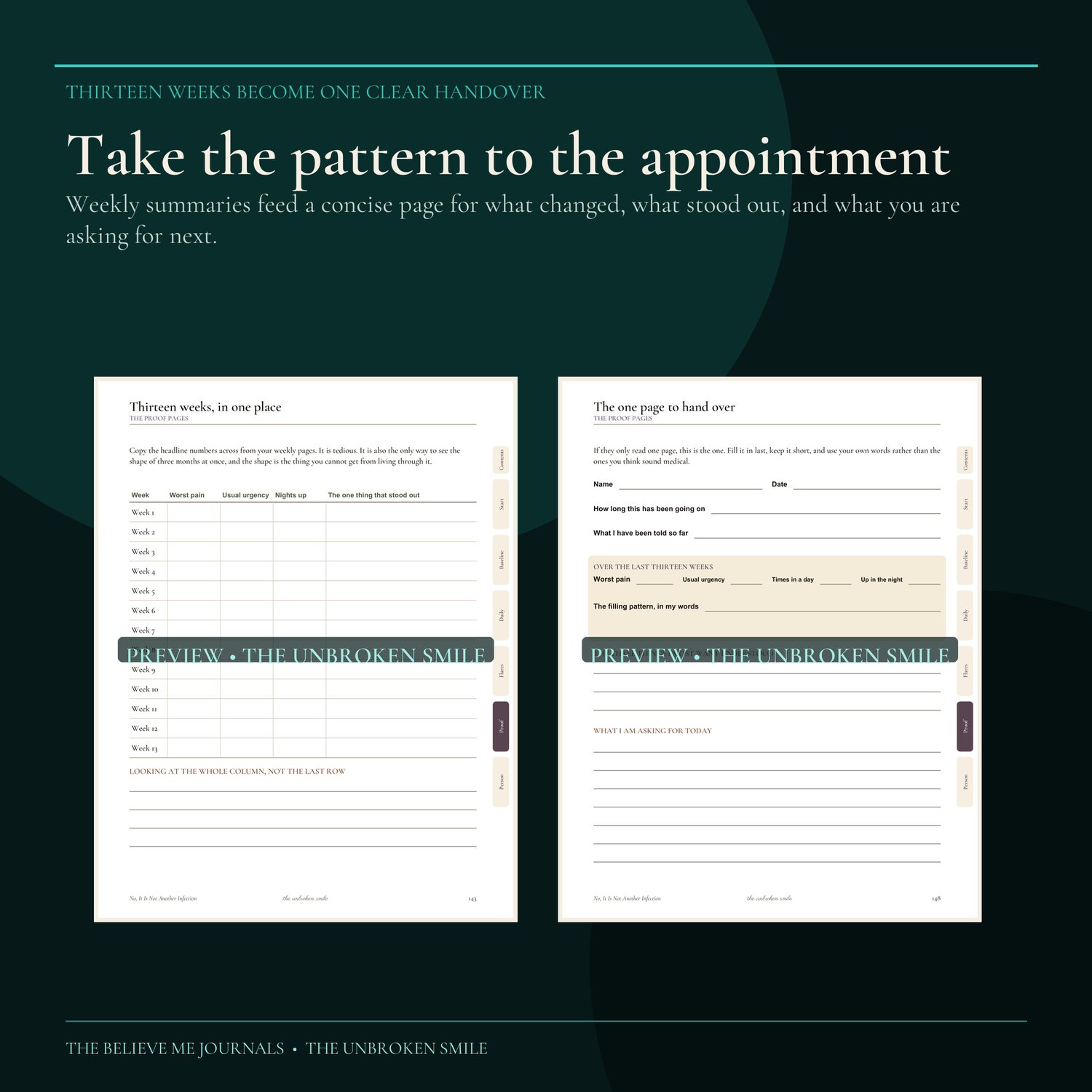 Two-page preview showing a 13-week pattern summary and a concise appointment handover page for the reader's own observations and questions.