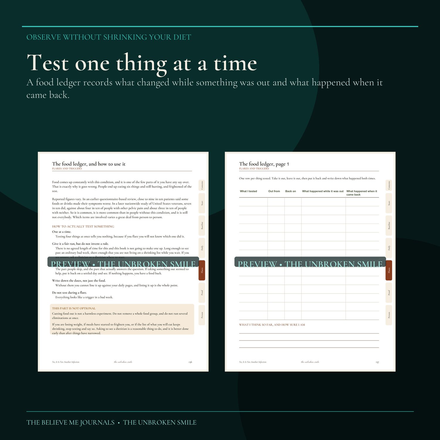 Two-page preview showing careful food guidance and a ledger for testing one item at a time without eliminating multiple foods together.