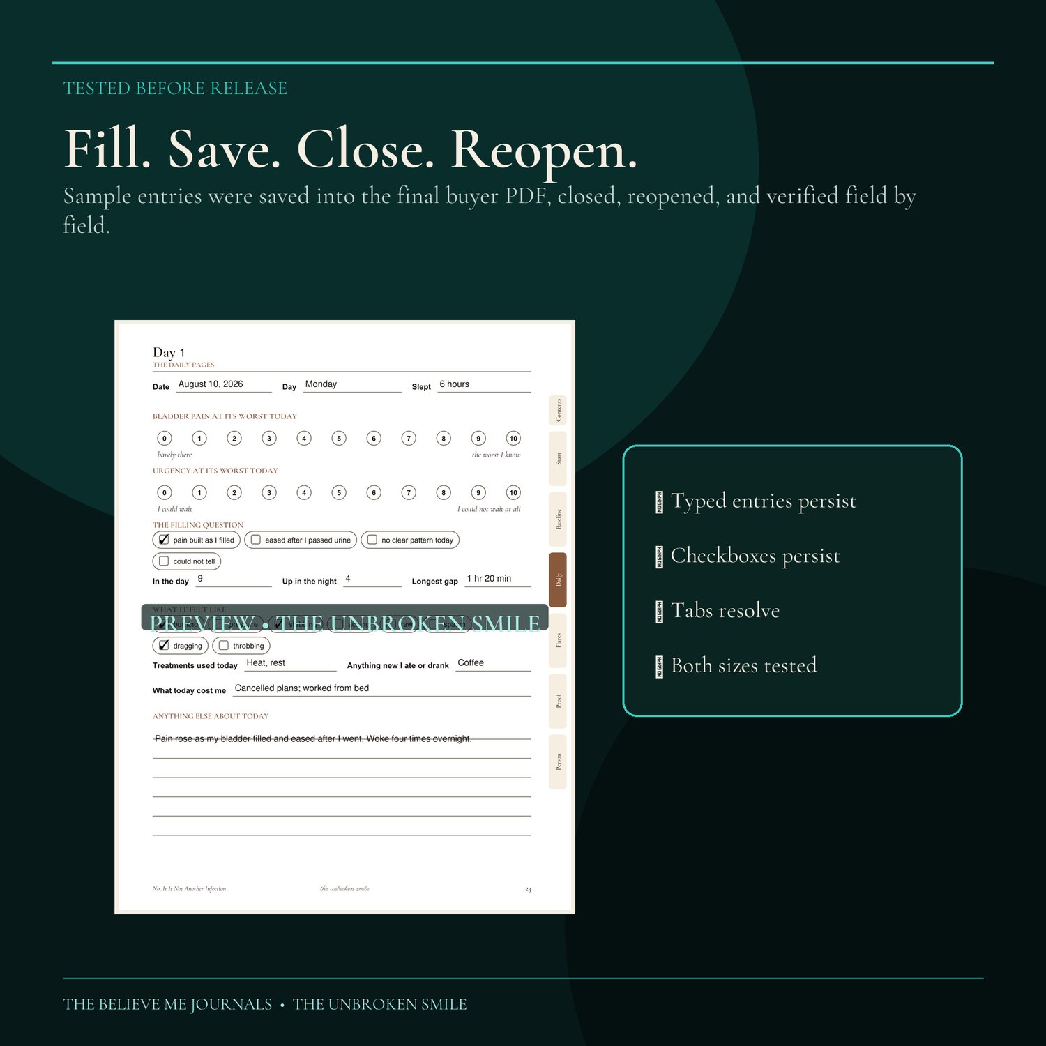 Filled sample daily tracker page beside a checklist confirming that typed entries, checkboxes, navigation tabs and both PDF sizes were tested.