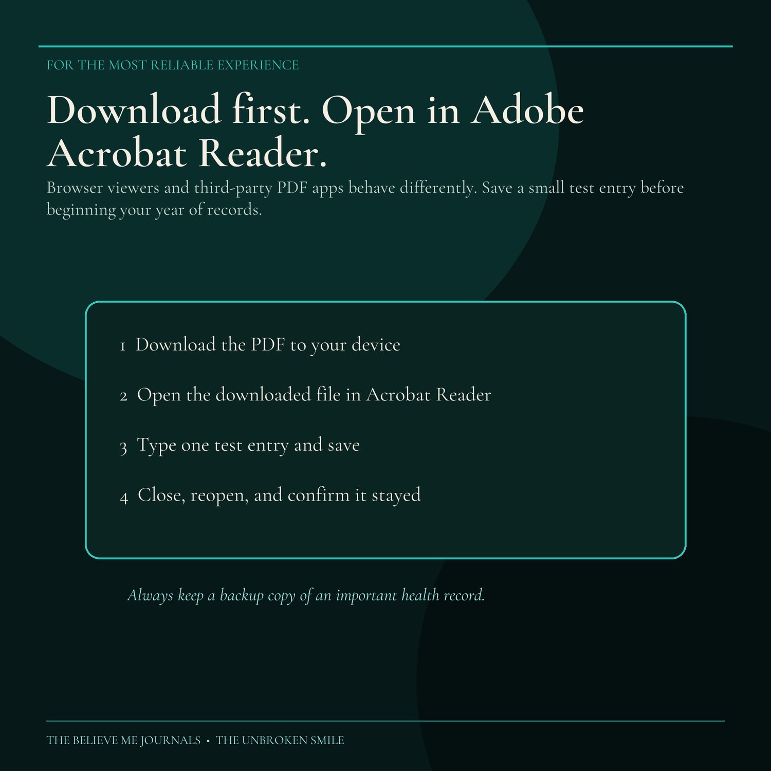 Four-step graphic advising buyers to download the PDF, open it in Adobe Acrobat Reader, save a test entry, close and reopen it, and keep a backup.