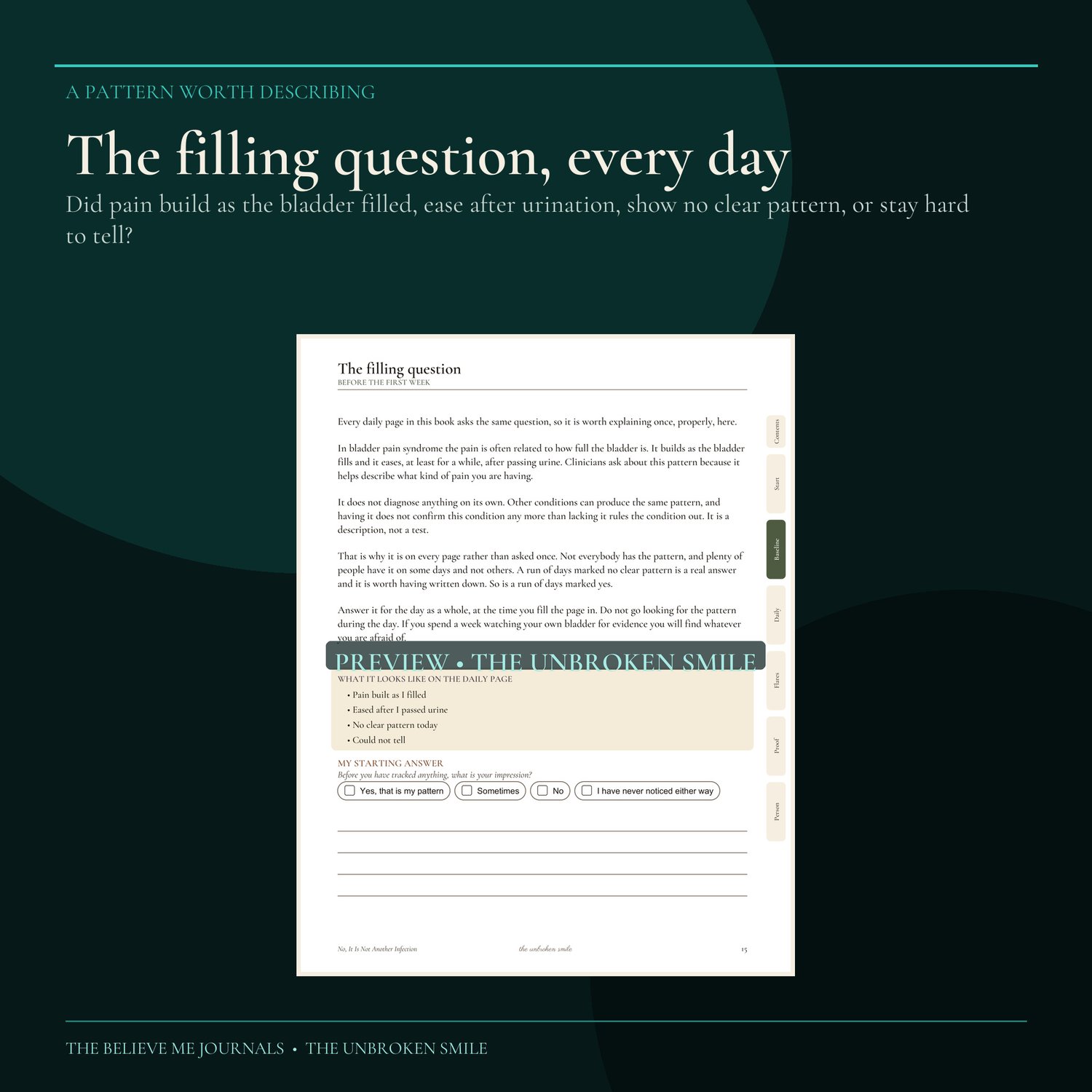 Preview of the filling-question page explaining how to record whether pain builds as the bladder fills or eases after urination.
