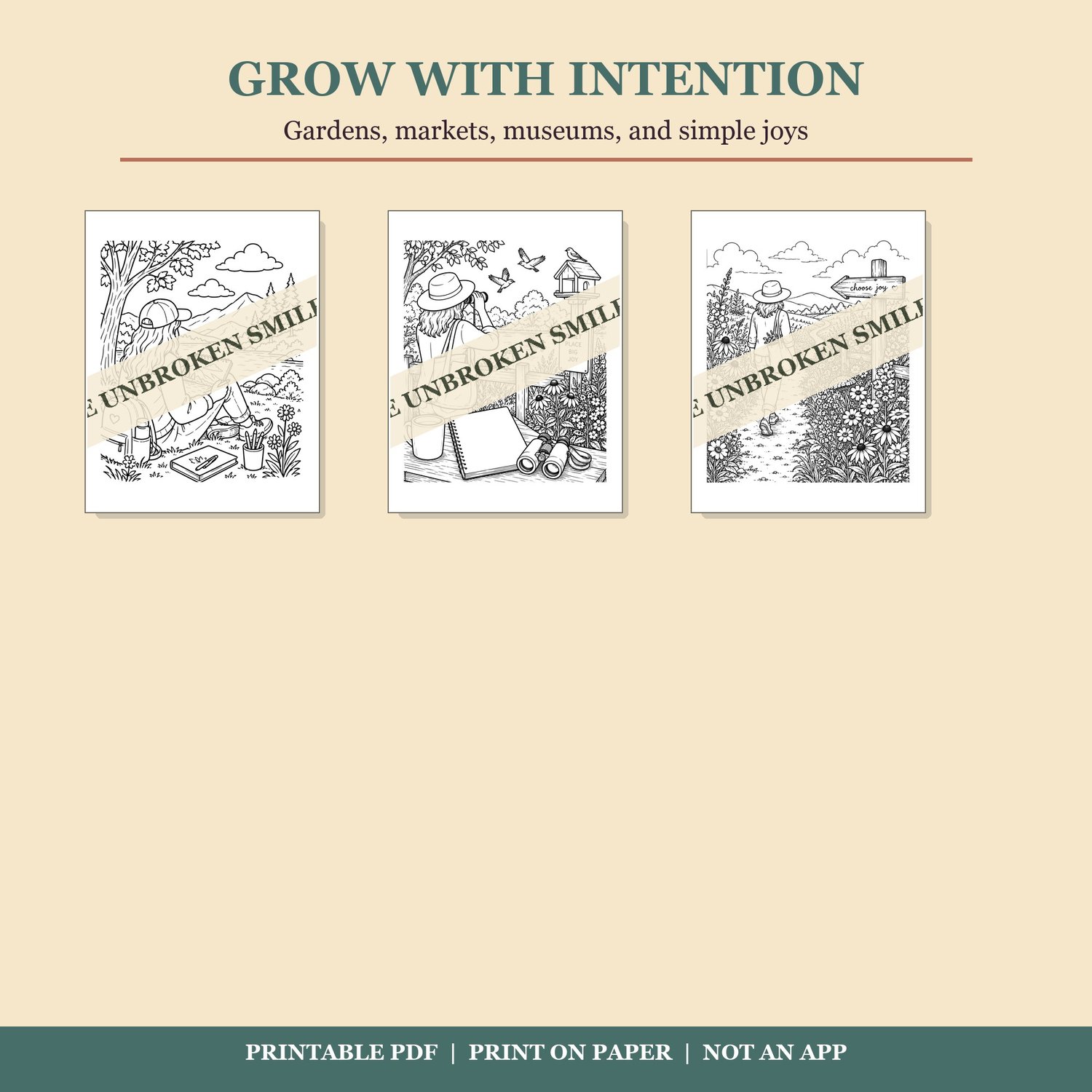 Grow with Intention coloring pages with gardens, markets, and museums.