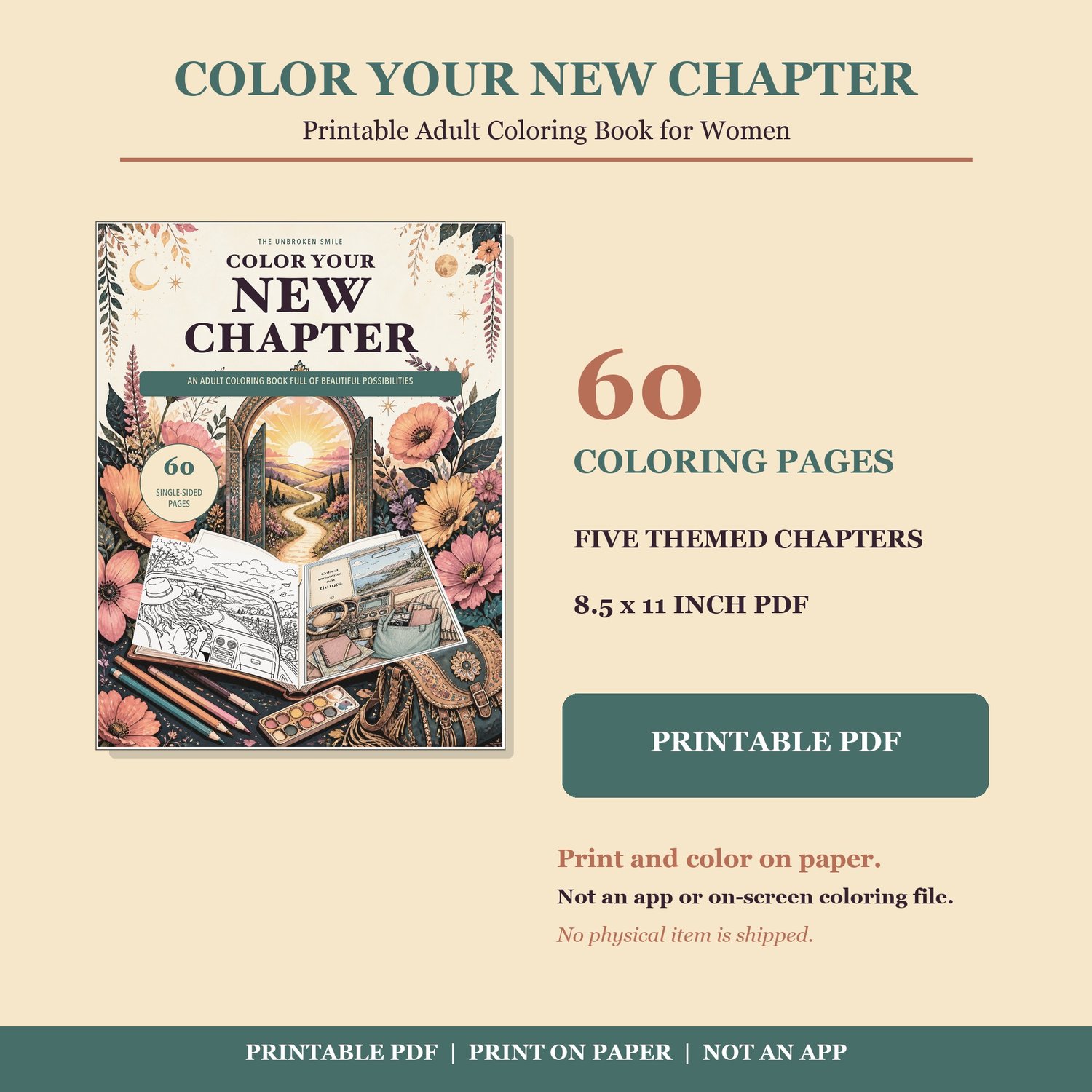 Color Your New Chapter printable PDF cover with 60 coloring pages and a notice to print and color on paper.