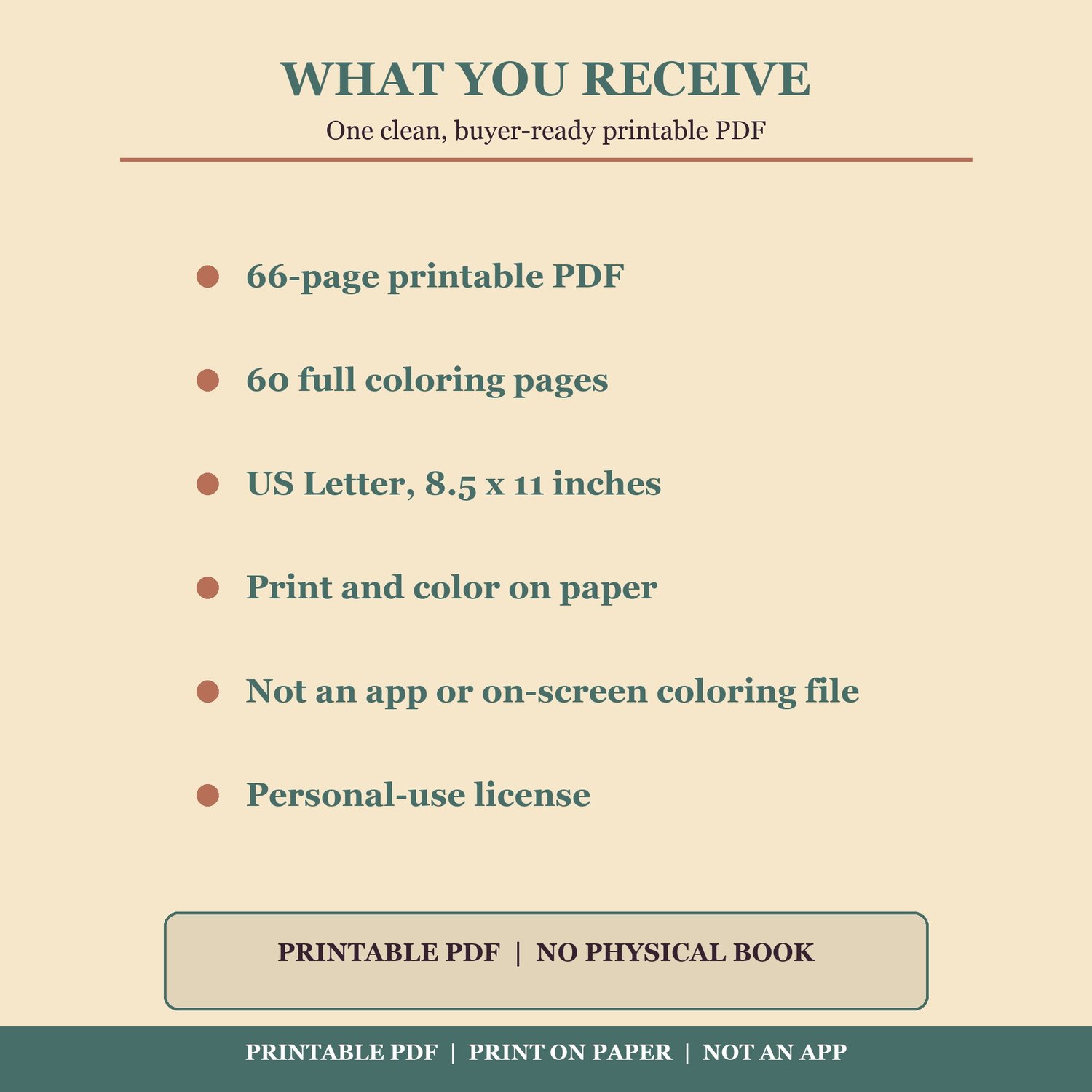 Download contents showing a 66-page printable PDF, 60 paper-coloring pages, and a personal-use license.