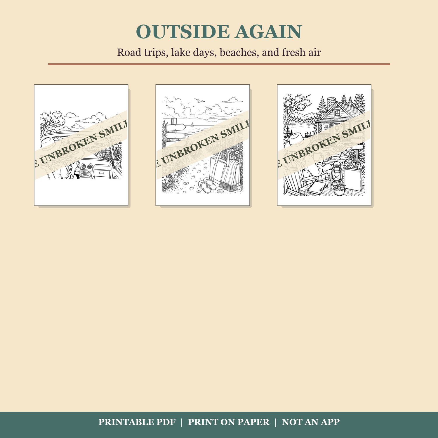 Outside Again coloring pages with road trips, beaches, and lake days.
