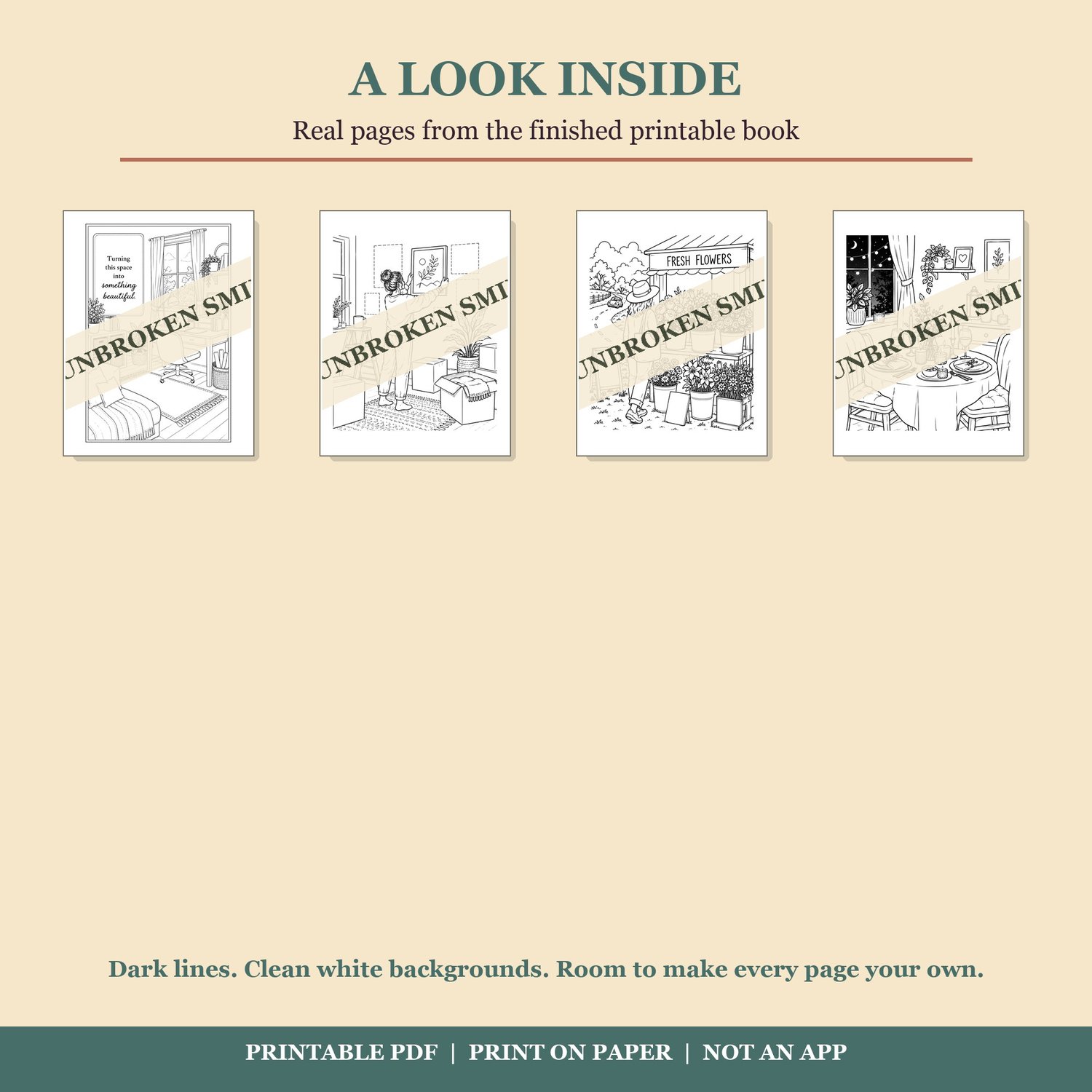 Four sample black-and-white coloring pages from the downloadable PDF.