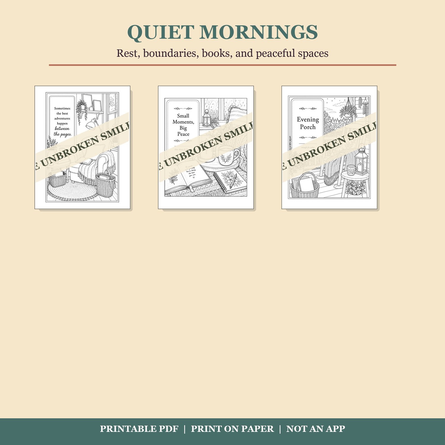 Quiet Mornings printable coloring pages with peaceful rooms and gentle reminders.