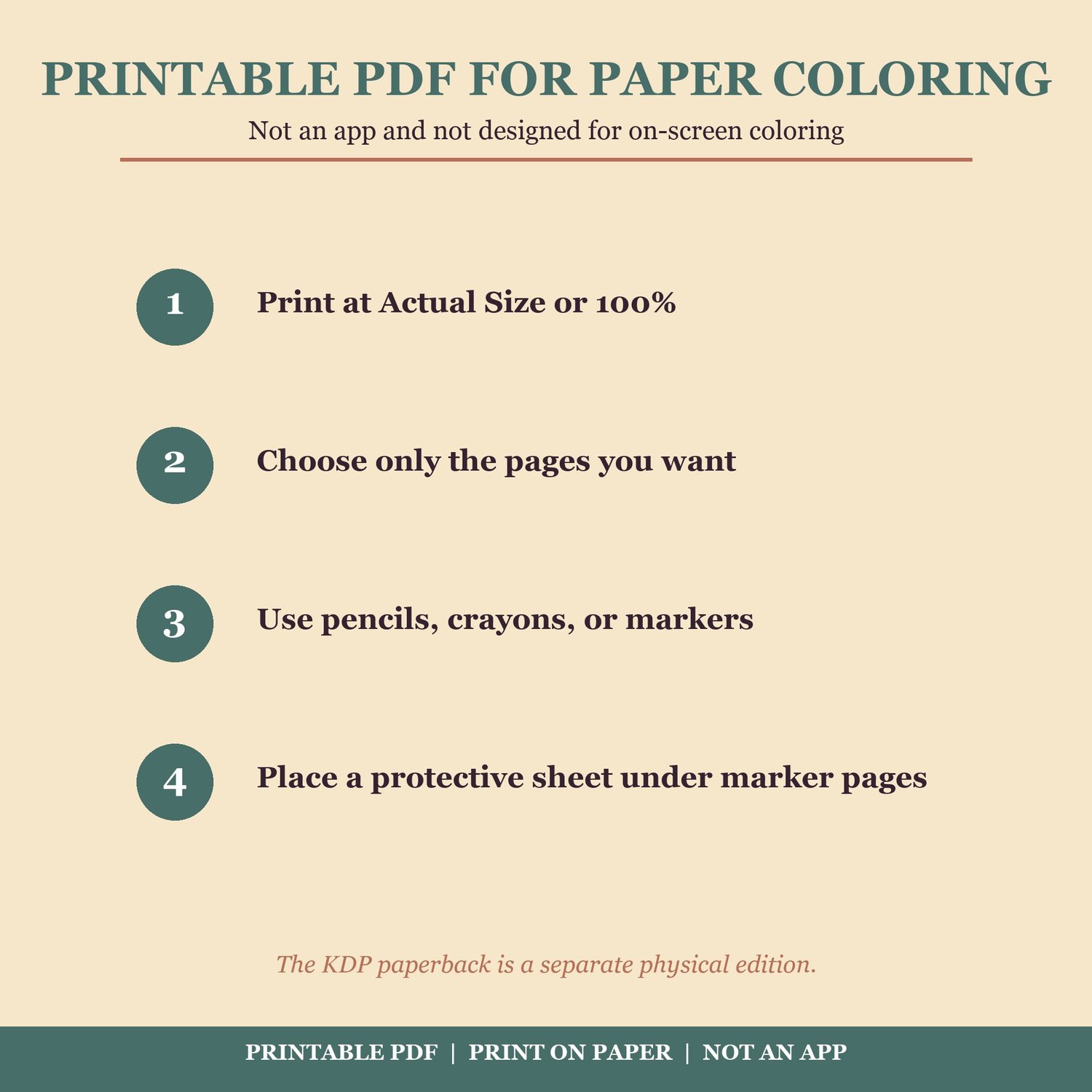 Four home-printing steps and a notice that the PDF is not an app or on-screen coloring file.