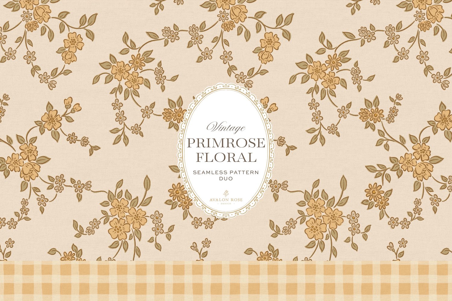 A seamless surface pattern duo featuring a hand-drawn ditsy floral with delicate blossoms and trailing vines in pale yellow and cream