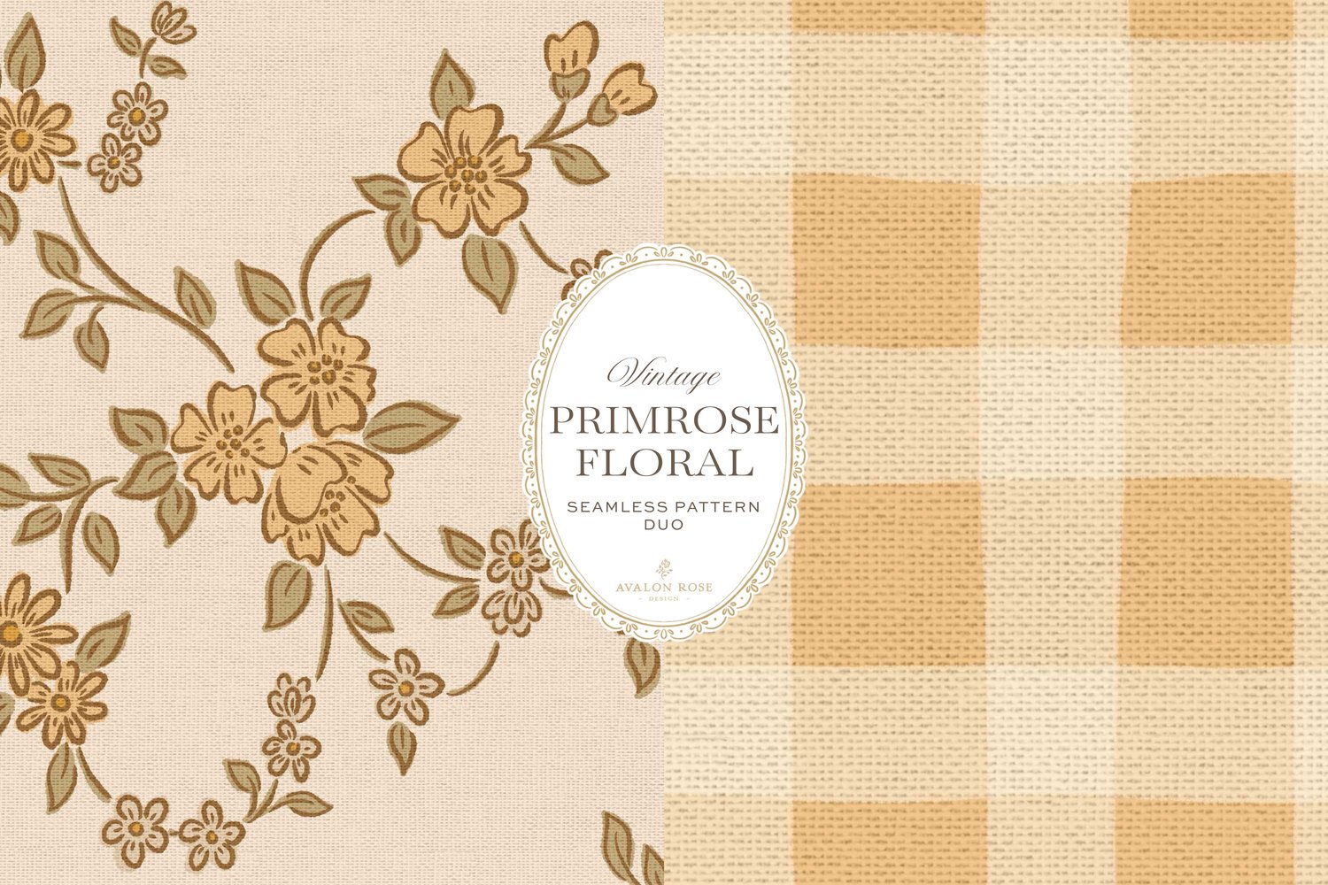 A seamless surface pattern duo featuring a hand-drawn ditsy floral with delicate blossoms and trailing vines in pale yellow and cream