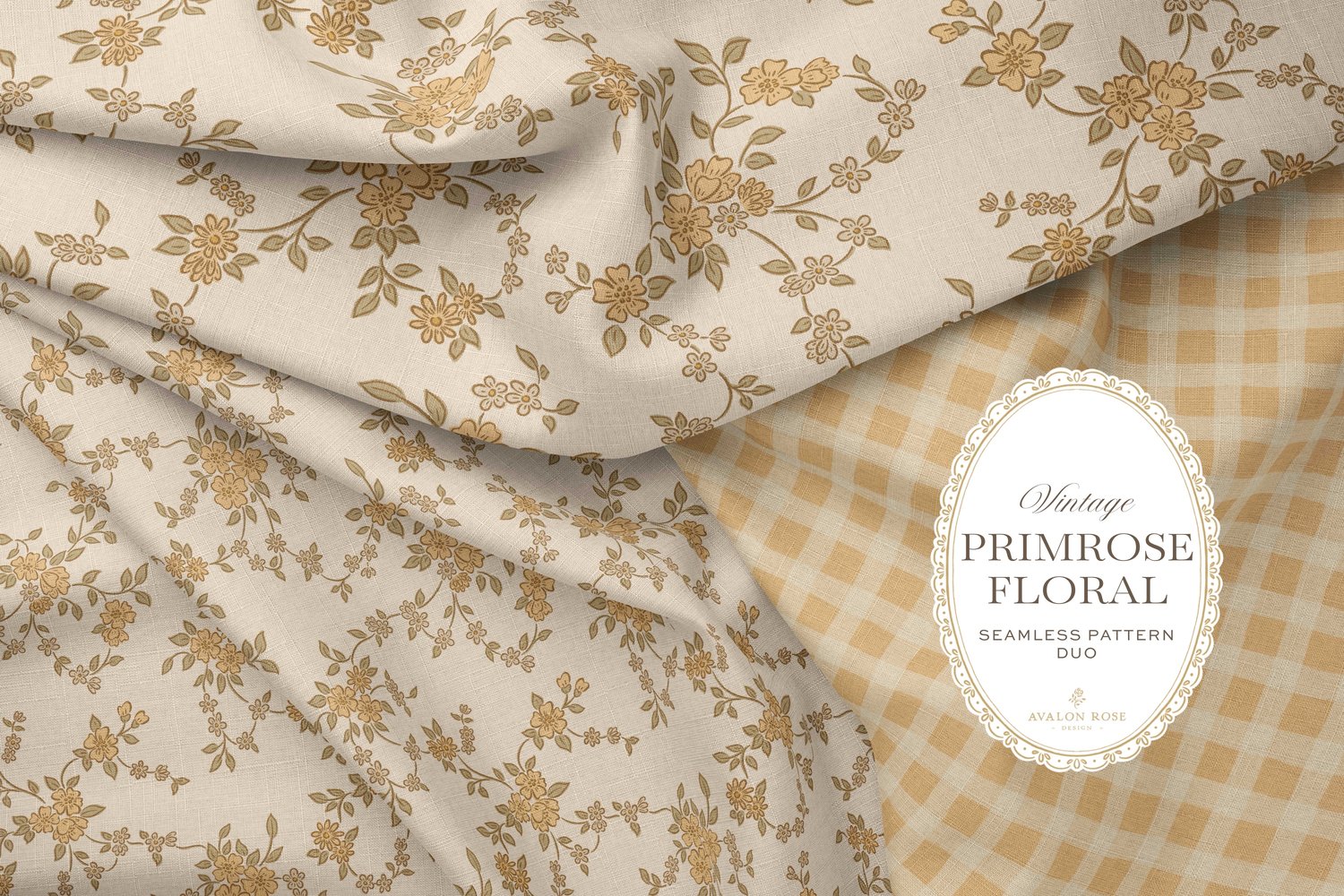 A seamless surface pattern duo featuring a hand-drawn ditsy floral with delicate blossoms and trailing vines in pale yellow and cream on fabric