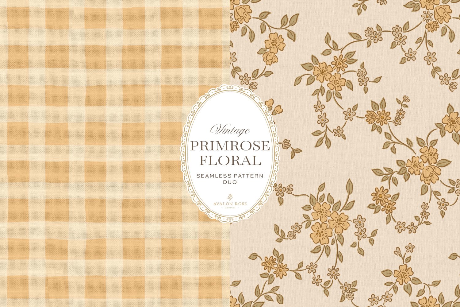 A seamless surface pattern duo featuring a hand-drawn ditsy floral with delicate blossoms and trailing vines in pale yellow and cream