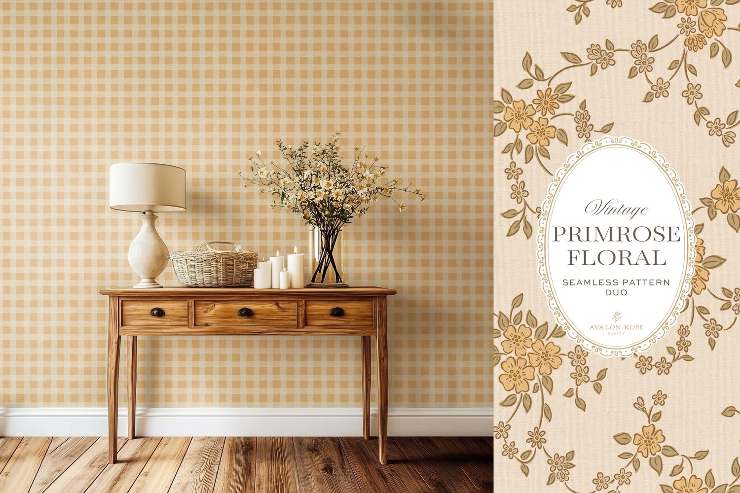A seamless surface pattern duo featuring a hand-drawn ditsy floral with delicate blossoms and trailing vines in pale yellow and cream on wallpaper