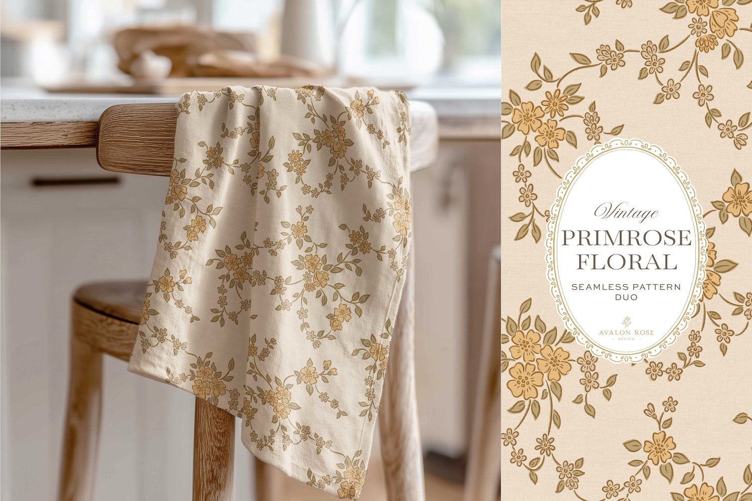 A seamless surface pattern duo featuring a hand-drawn ditsy floral with delicate blossoms and trailing vines in pale yellow and cream on a towel