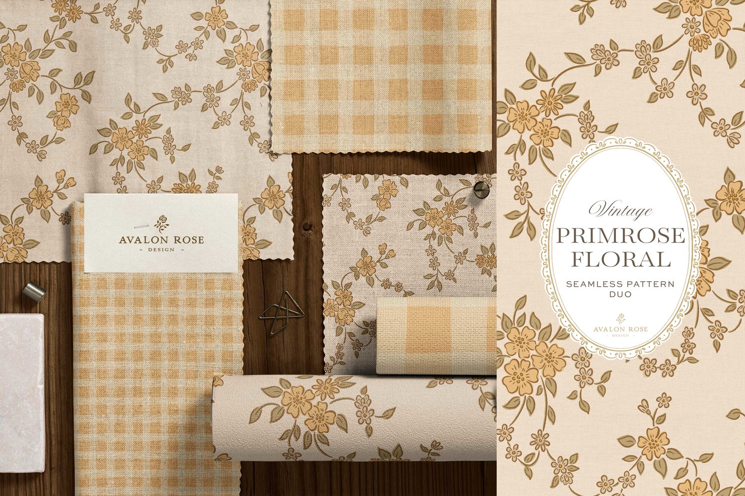 A seamless surface pattern duo featuring a hand-drawn ditsy floral with delicate blossoms and trailing vines in pale yellow and cream on fabric and wallpaper
