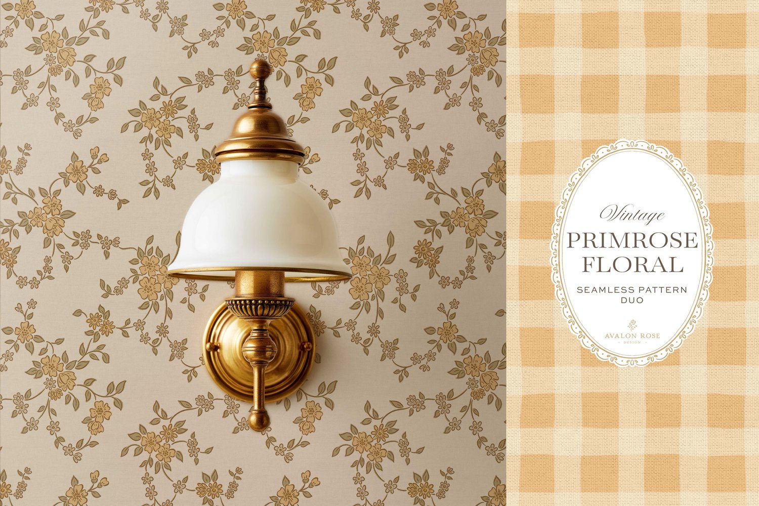 A seamless surface pattern duo featuring a hand-drawn ditsy floral with delicate blossoms and trailing vines in pale yellow and cream on wallpaper