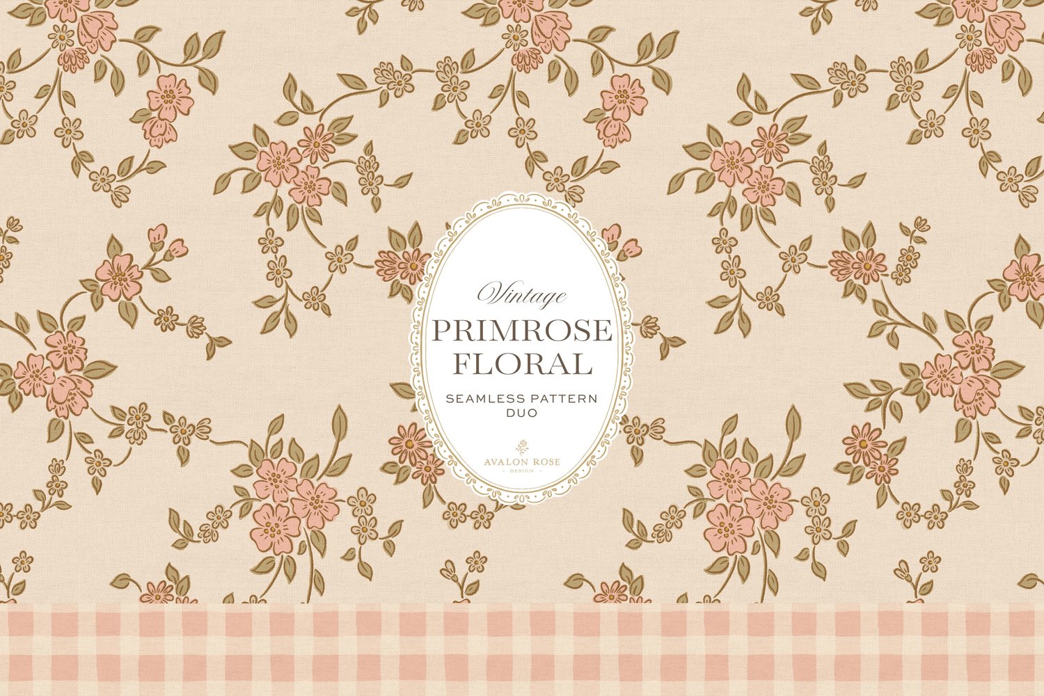 Seamless surface pattern design featuring a hand-drawn ditsy floral with delicate blossoms and trailing vines, paired with a coordinating gingham check in pink