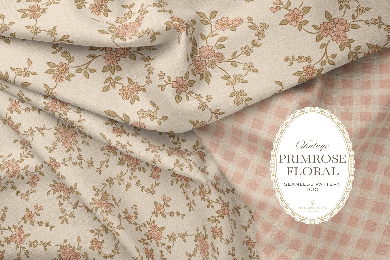 Seamless surface pattern design featuring a hand-drawn ditsy floral with delicate blossoms and trailing vines, paired with a coordinating gingham check in pink on fabric