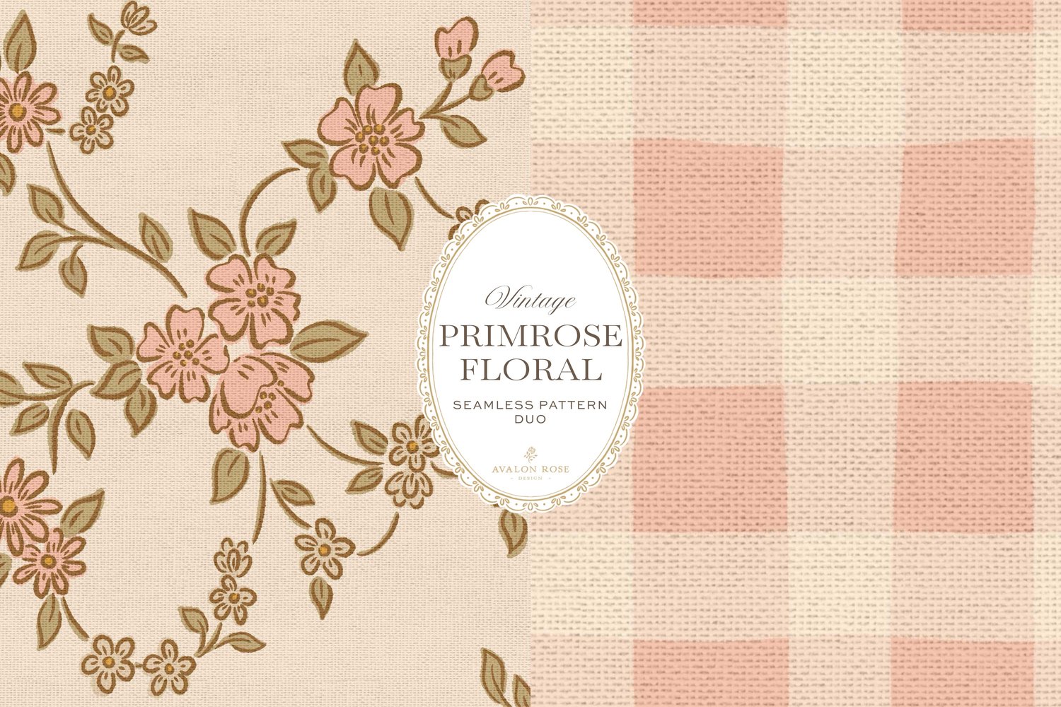 Seamless surface pattern design featuring a hand-drawn ditsy floral with delicate blossoms and trailing vines, paired with a coordinating gingham check in pink