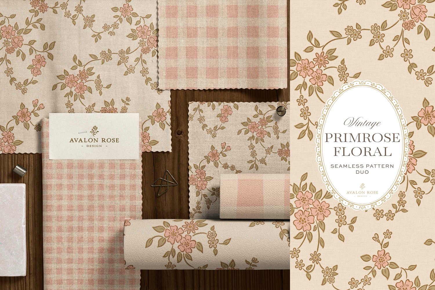 Seamless surface pattern design featuring a hand-drawn ditsy floral with delicate blossoms and trailing vines, paired with a coordinating gingham check in pink on fabric and wallpaper swatches
