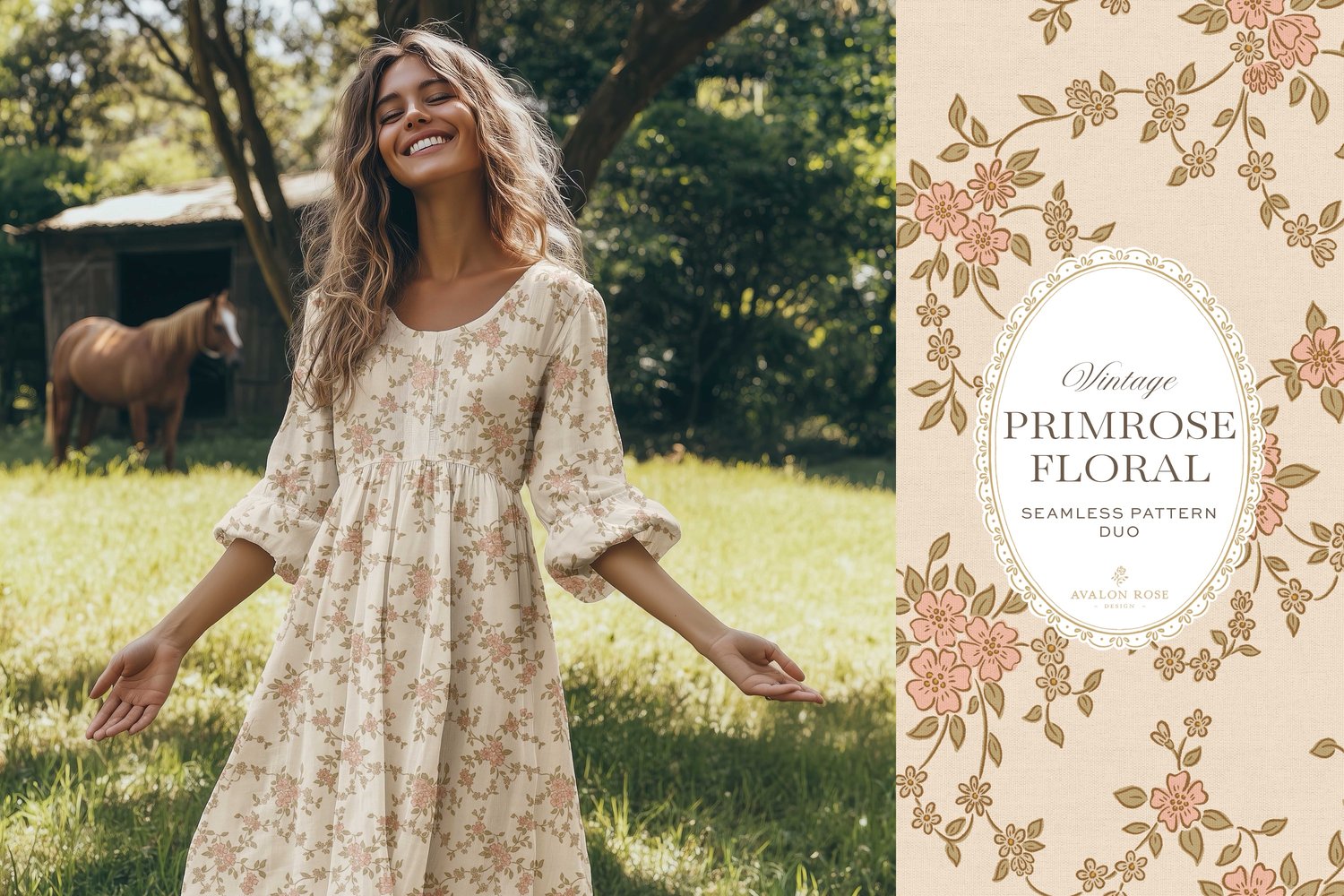 Seamless surface pattern design featuring a hand-drawn ditsy floral with delicate blossoms and trailing vines, paired with a coordinating gingham check in pink on a dress