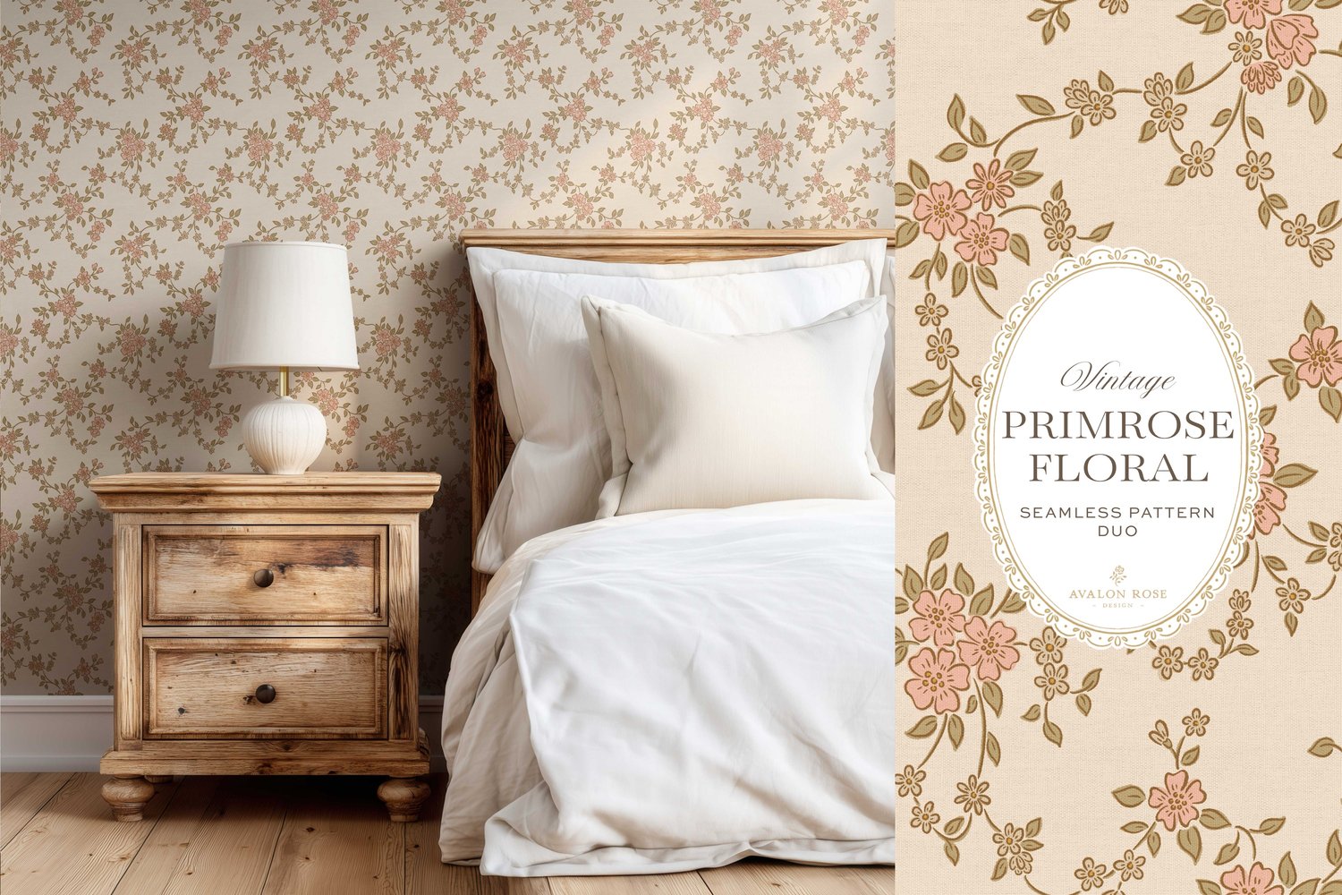 Seamless surface pattern design featuring a hand-drawn ditsy floral with delicate blossoms and trailing vines, paired with a coordinating gingham check in pink on wallpaper