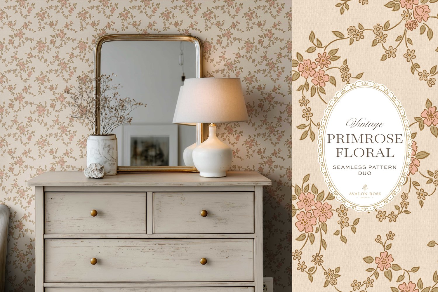 Seamless surface pattern design featuring a hand-drawn ditsy floral with delicate blossoms and trailing vines, paired with a coordinating gingham check in pink on wallpaper