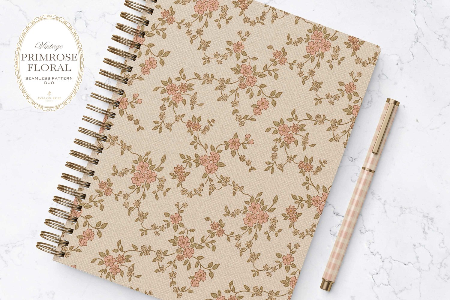 Seamless surface pattern design featuring a hand-drawn ditsy floral with delicate blossoms and trailing vines, paired with a coordinating gingham check in pink on a notebook