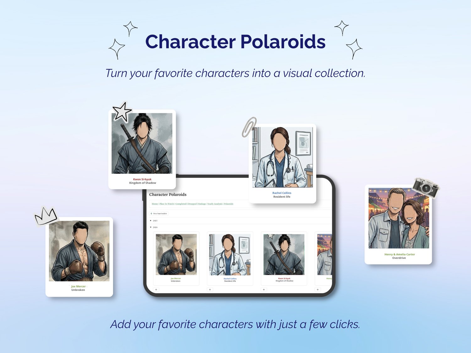 The Watchbook Notion template featuring character Polaroids for organizing favorite characters