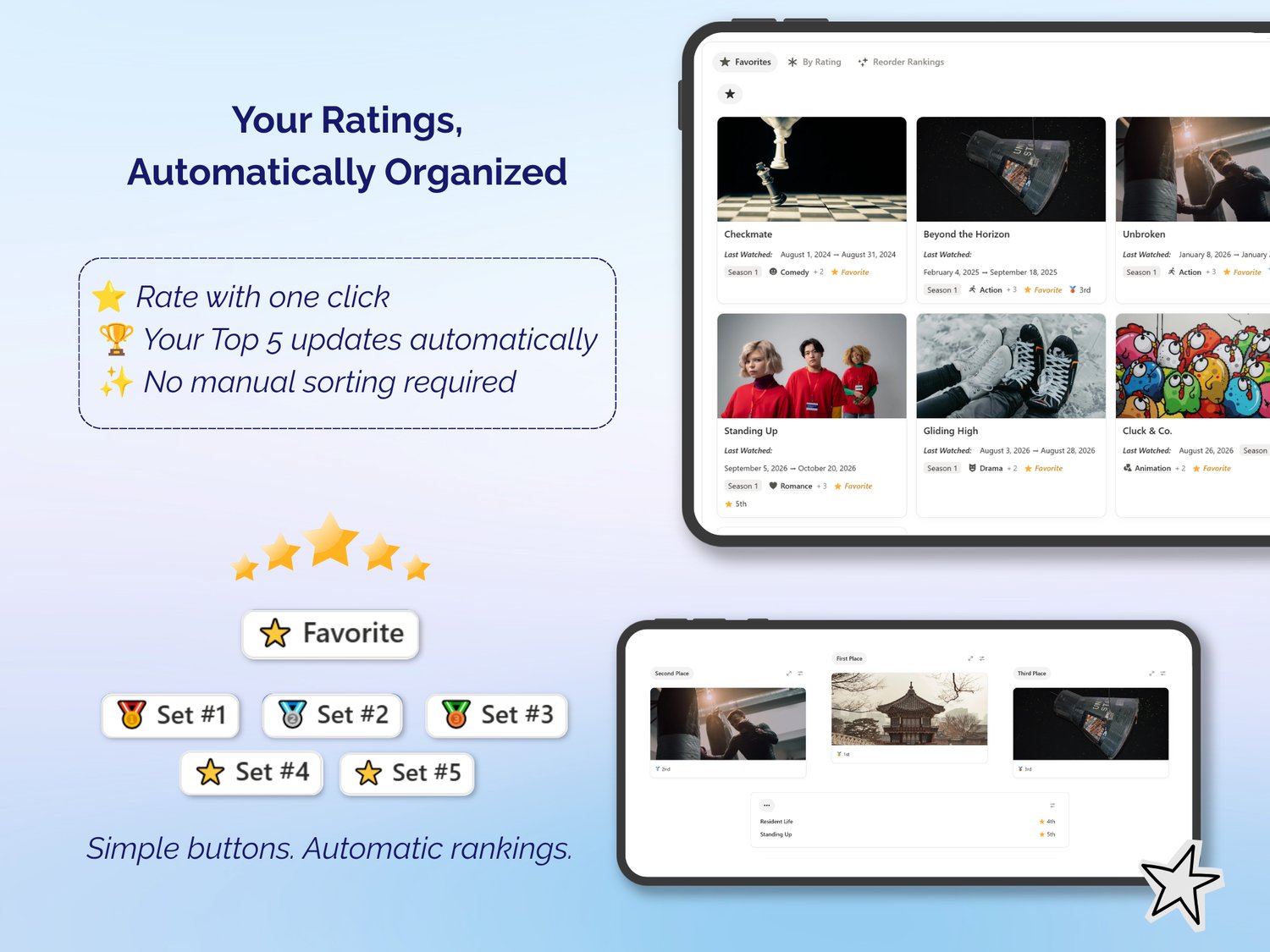 The Watchbook Notion template showing ratings, favorites and automatic Top 5 rankings