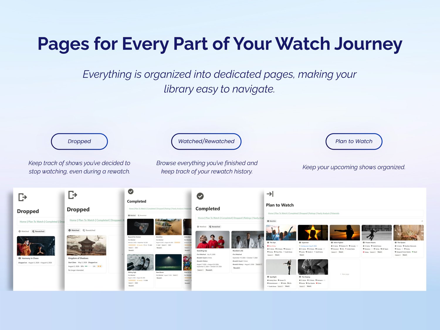 The Watchbook Notion template with dedicated pages for watched, rewatched, dropped and watchlist titles