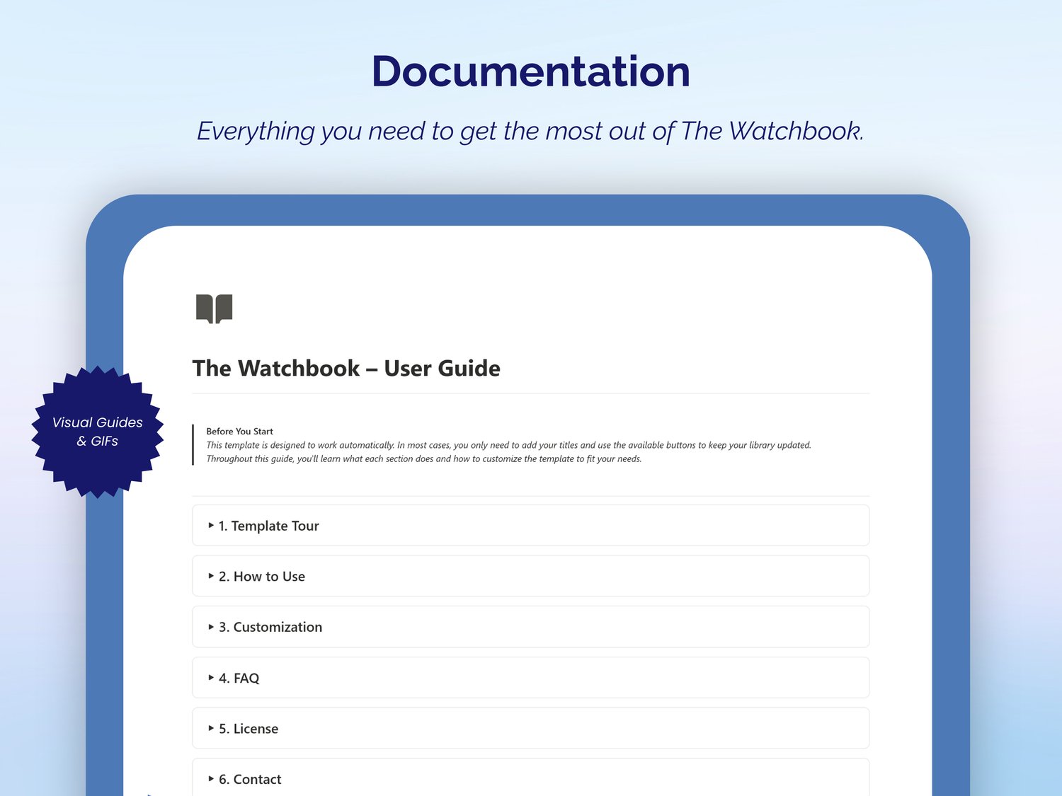 The Watchbook Notion template user guide with setup, customization, FAQ and license sections