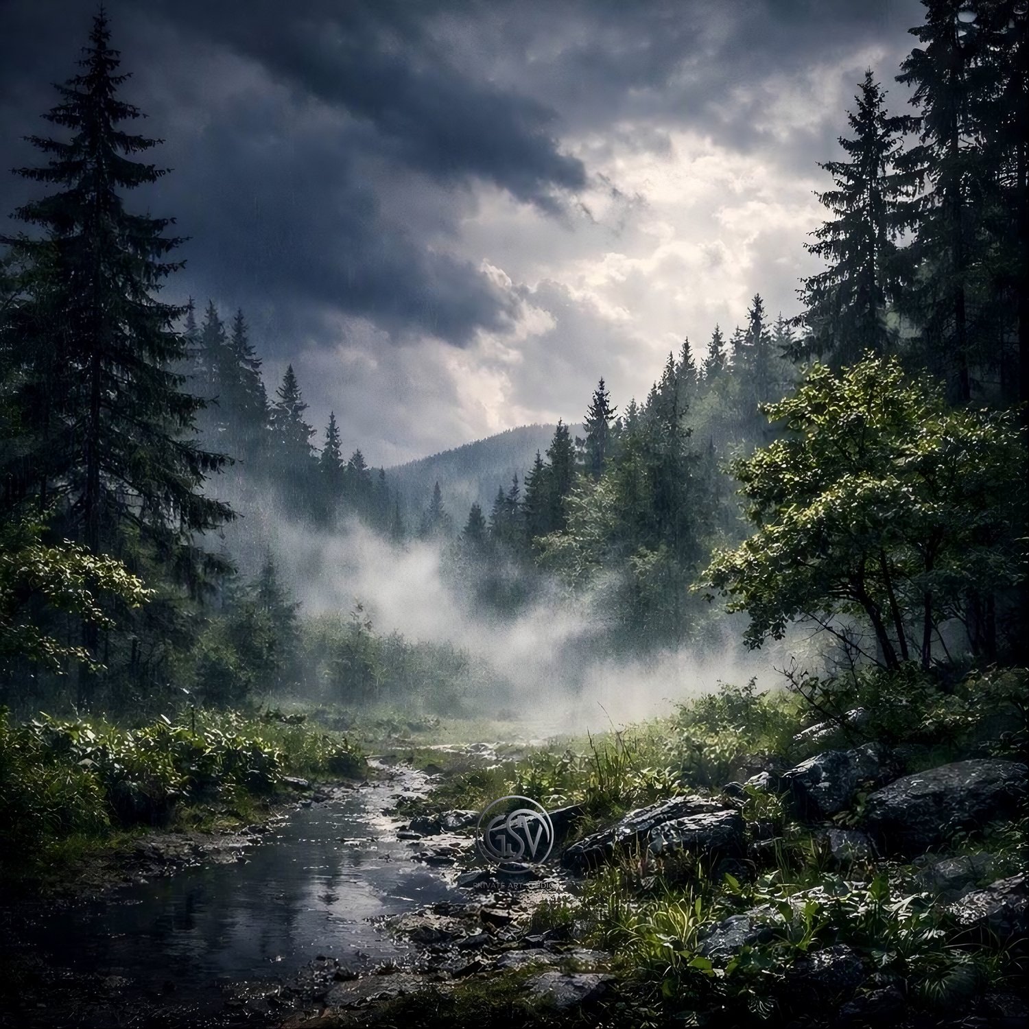 Misty pine forest with a stream and dramatic clouds — nature-themed music cover art