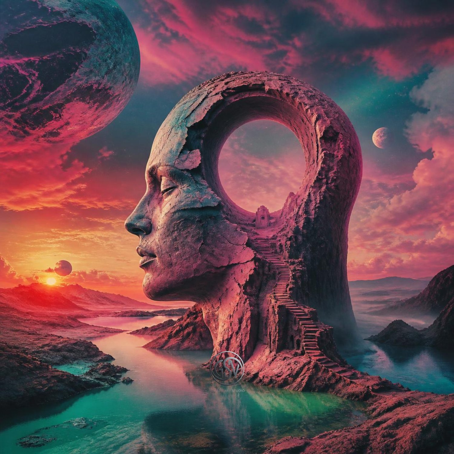 Surreal stone monument shaped like a human profile with a staircase and glowing sunset sky — concept album cover art