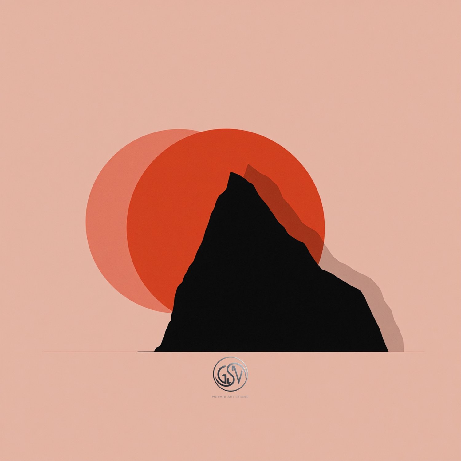 Minimalist dark mountain silhouette against overlapping warm-toned suns — modern music cover art