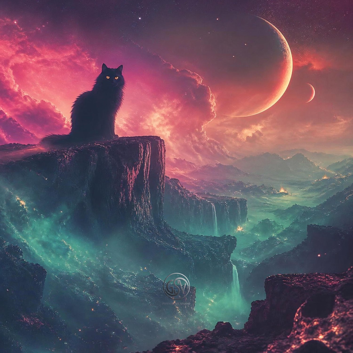 Silhouette of a fluffy black cat on a cliff overlooking a misty surreal canyon with twin moons — fantasy music cover art