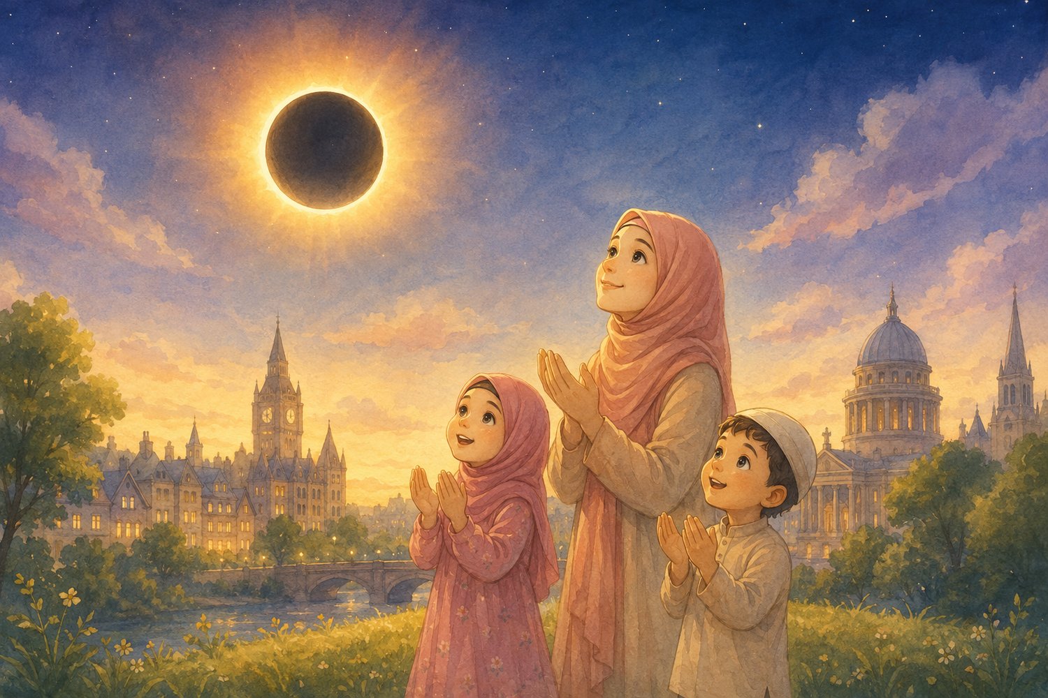 A soft watercolor illustration of a young Muslim family—a mother and daughter wearing pink hijabs, and a son wearing a white kufi—standing peacefully on a grassy hill with their hands raised in dua (prayer). They are smiling as they look up towards a glow
