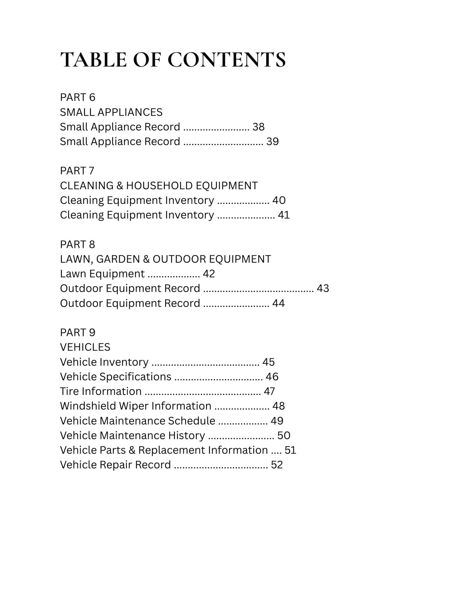 Household maintenance binder printable featuring HVAC, plumbing, electrical, water heater, septic, well, generator, and other home system record pages.