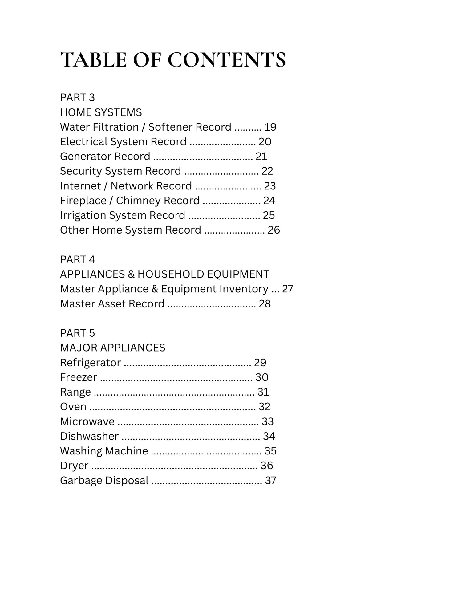 Printable home owner’s manual with household quick reference pages for important contacts, utility providers, emergency information, critical home locations, and basic property details.